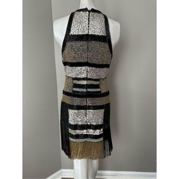 NWT NAEEM KHAN BEADED FRINGE MINI DRESS IN GOLD MULTI $5995 - Picture 8 of 11